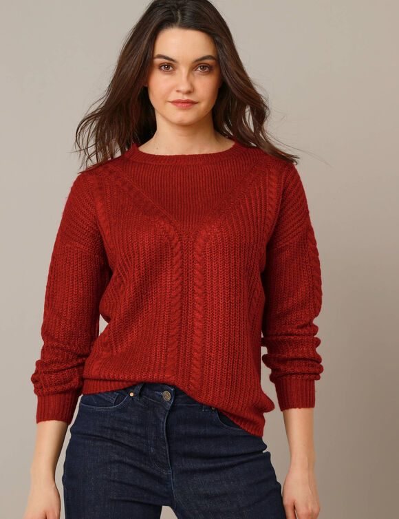 Pull torsadé, maille anglaise (rouge foncé) Pull torsadé, maille anglaise (rouge foncé)